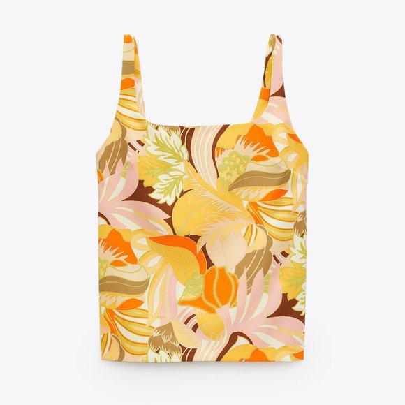 NWT - Zara Yellow/Orange 70s Retro Print Top - Picture 1 of 6